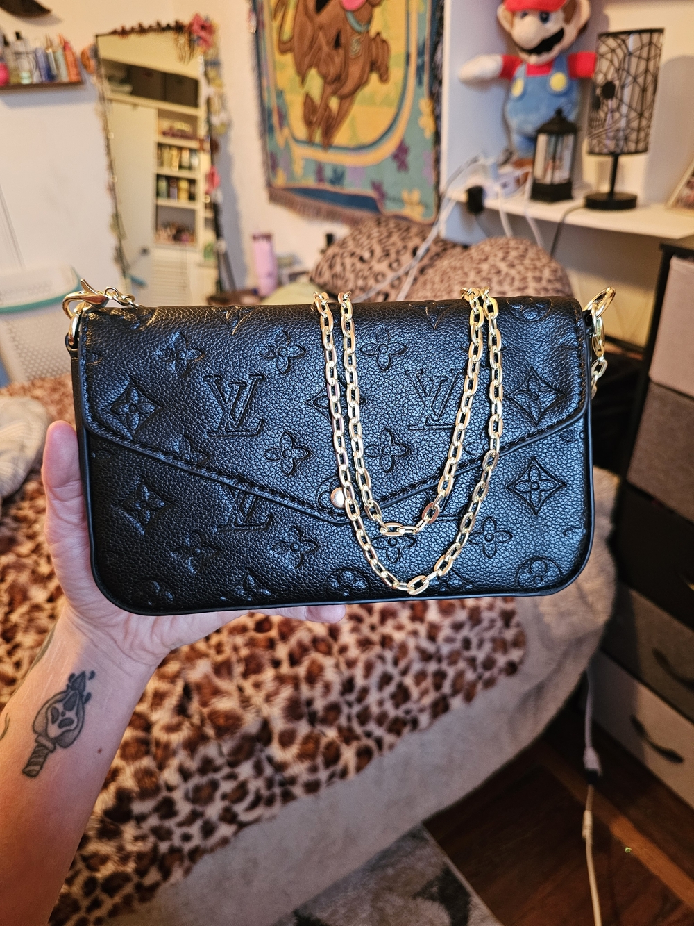 Black Textured Crossbody with Gold Chain